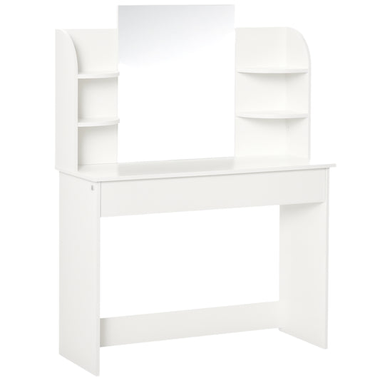 HOMCOM Vanity Desk with Mirror, Makeup Vanity with Open Shelves and Drawer, Dressing Table for Bedroom, White