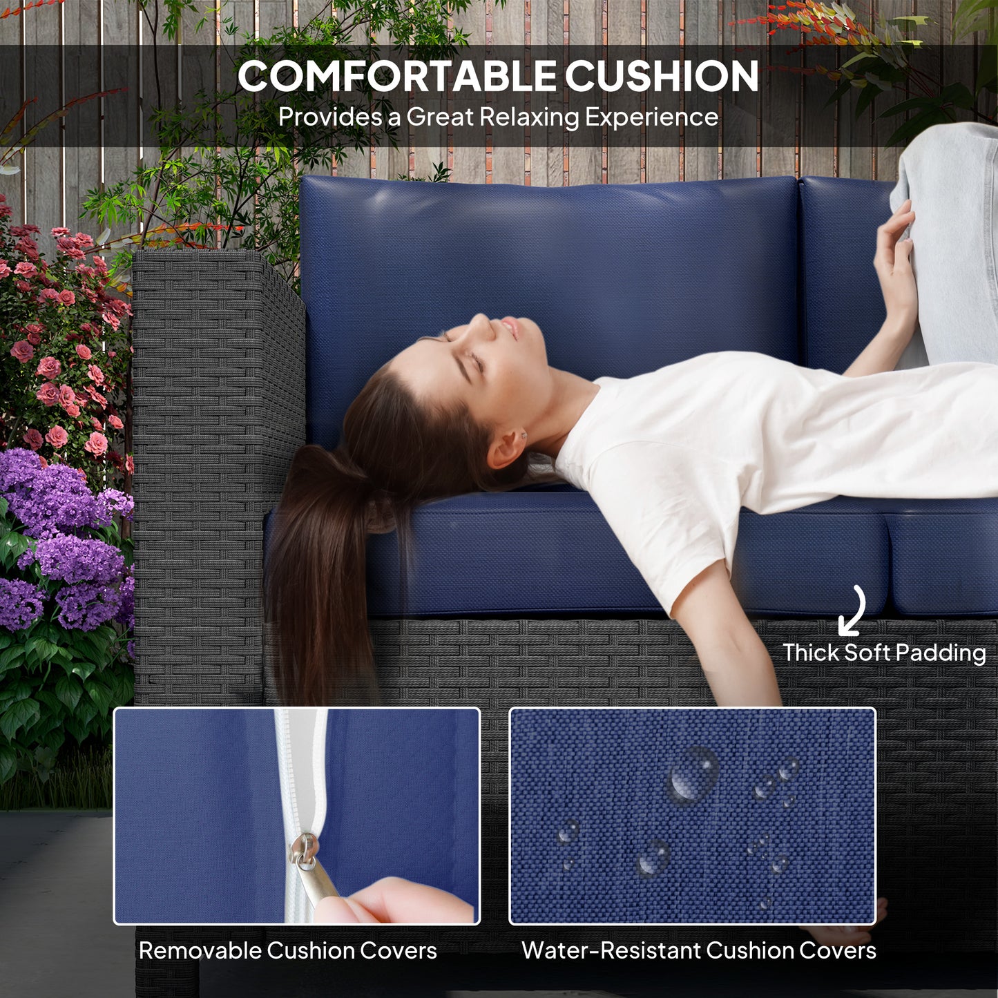 Outsunny 3-Seater Outdoor Sofa with Cushions, PE Rattan Conversation Patio Couch with Pillows for Garden, Poolside, Blue