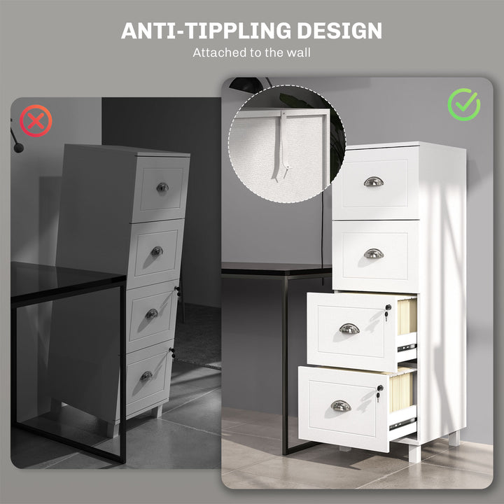 HOMCOM 4 Drawer File Cabinet with Lock, Office Filing Cabinet, A4 Letter Size, Hanging File Folders, White
