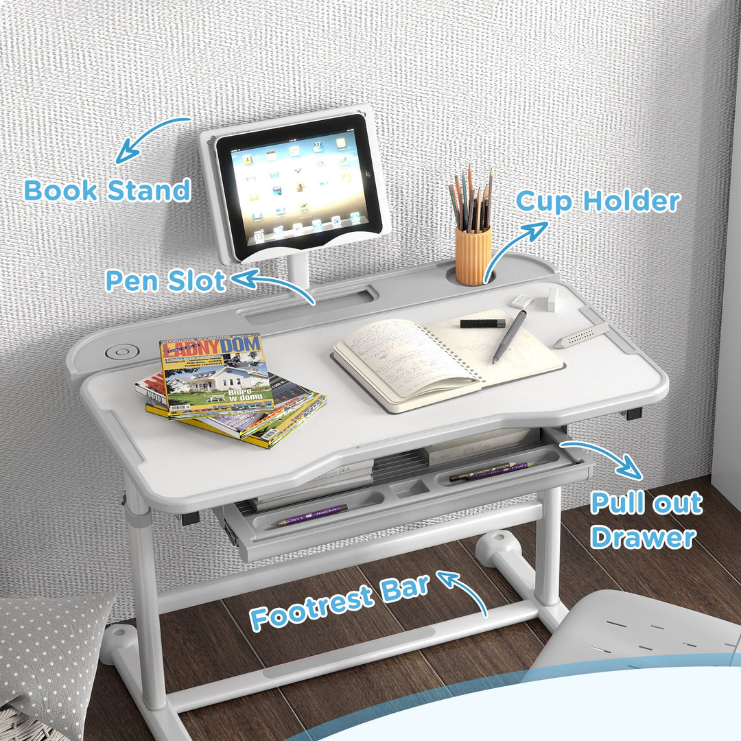 Qaba Height Adjustable Kids Desk and Chair Set with Tilt Desktop, Large Writing Board, Storage Drawer, Book Stand, Blue