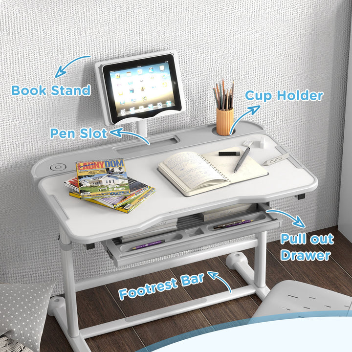 Qaba Height Adjustable Kids Desk and Chair Set with Tilt Desktop, Large Writing Board, Storage Drawer, Book Stand, Blue