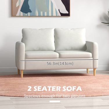 HOMCOM 56" 2 Seat Sofa, Modern Love Seats Furniture, Upholstered 2 Seater Couch with Side Pockets, Solid Steel Frame, White
