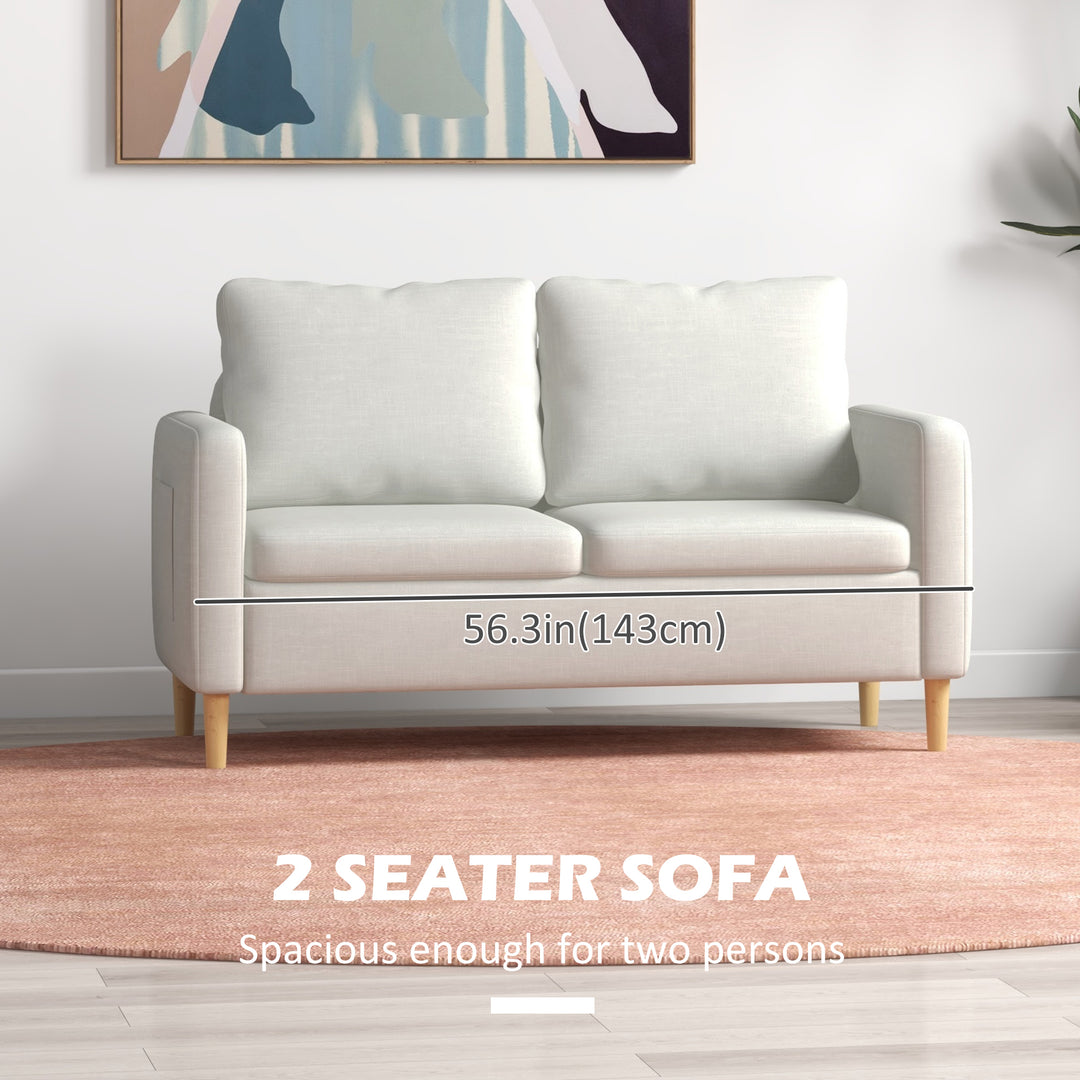 HOMCOM 56" 2 Seat Sofa, Modern Love Seats Furniture, Upholstered 2 Seater Couch with Side Pockets, Solid Steel Frame, White