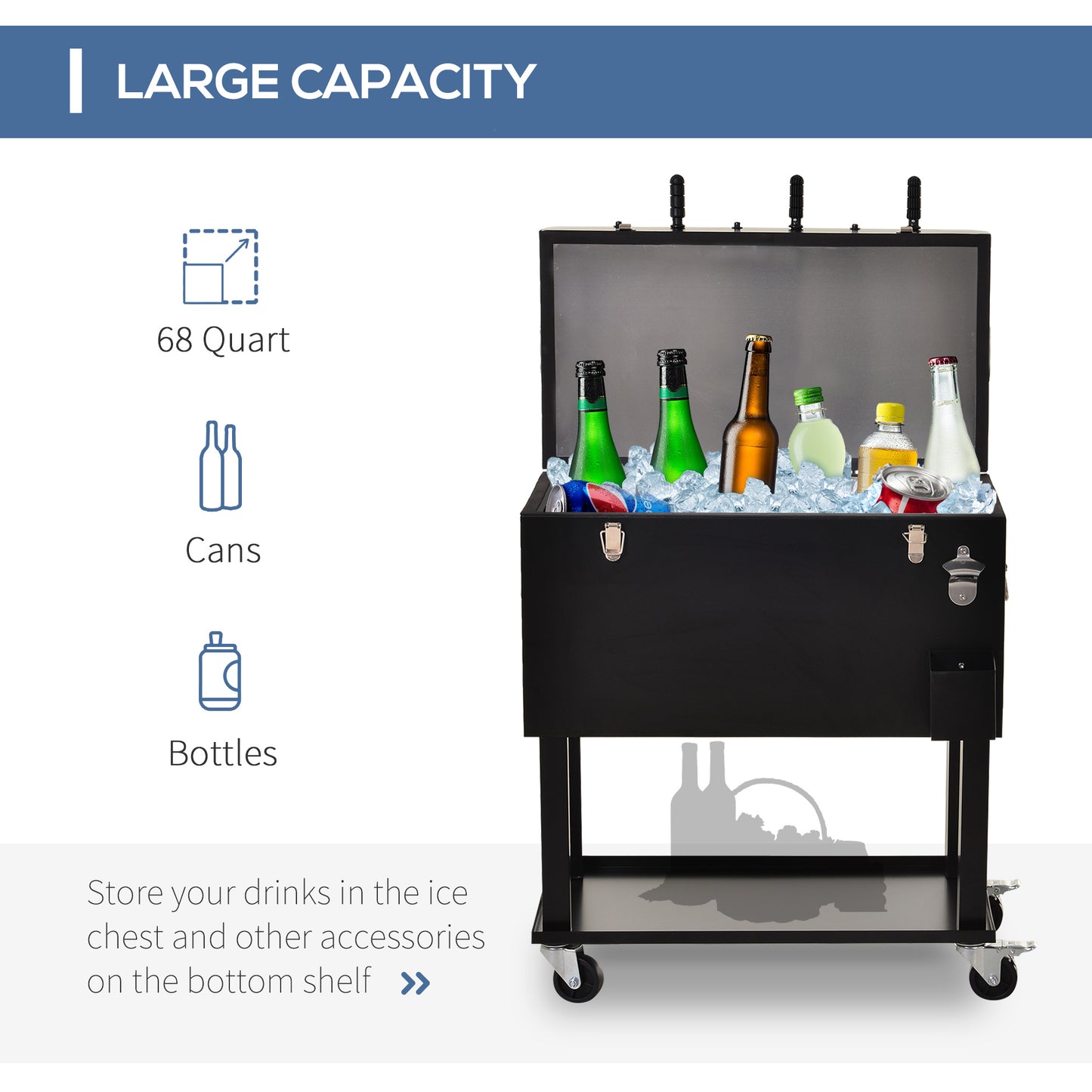 Outsunny 68QT Patio Cooler Ice Chest with Foosball Table Top, Portable Poolside Party Bar Cold Drink Rolling Cart on Wheels with Tray Shelf Black