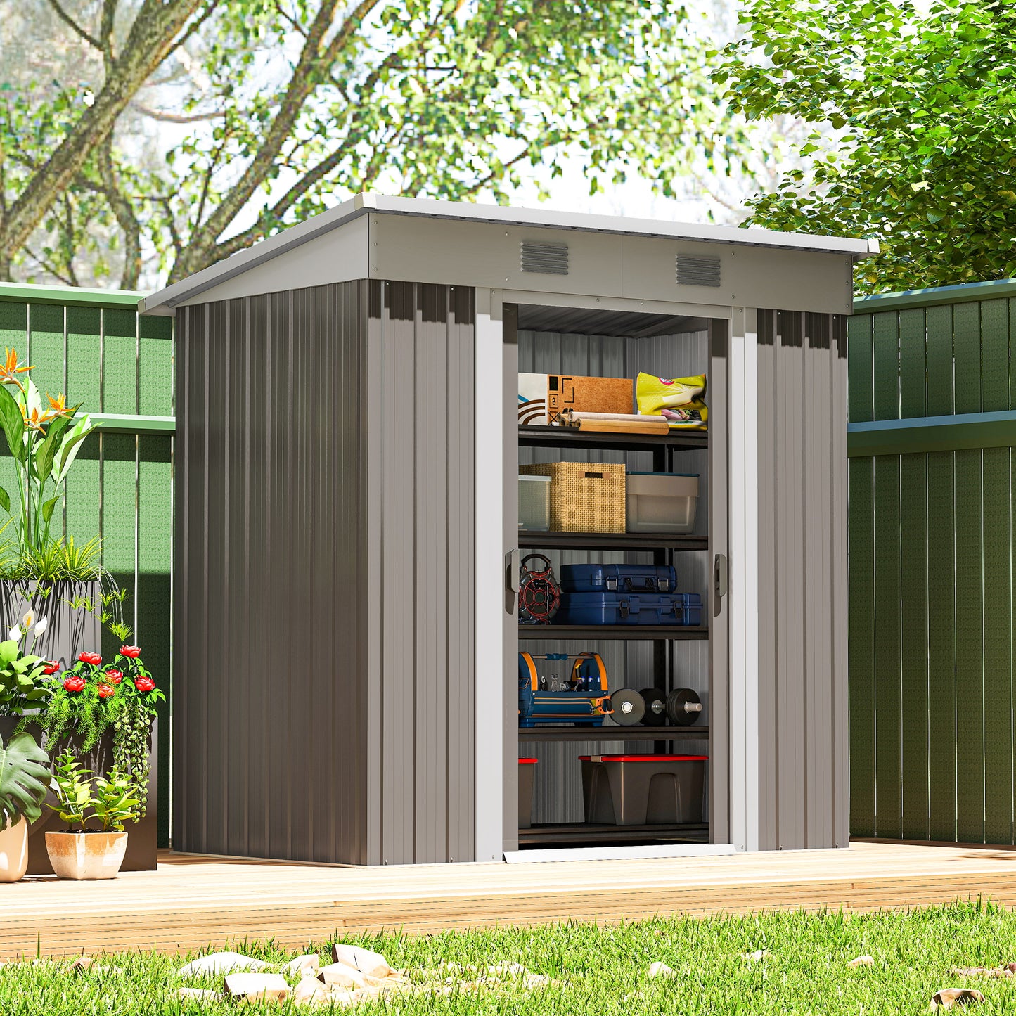 Outsunny 7' x 4' Outdoor Storage Shed, Metal Garden Tool Storage House Organizer with Lockable Sliding Doors and Vents for Backyard Patio Lawn, Charcoal Grey