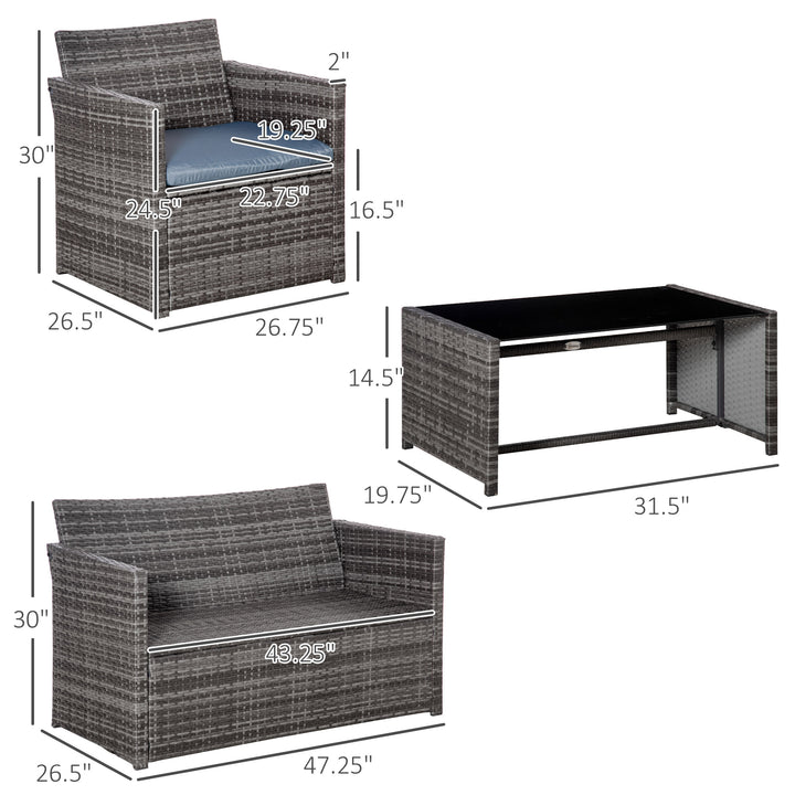 Outsunny 4 Pieces Patio Furniture Set with Cushions, Outdoor PE Rattan Wicker Conversation Garden Sofa Set with 2-Seater Chairs & Glass Coffee Table, Grey