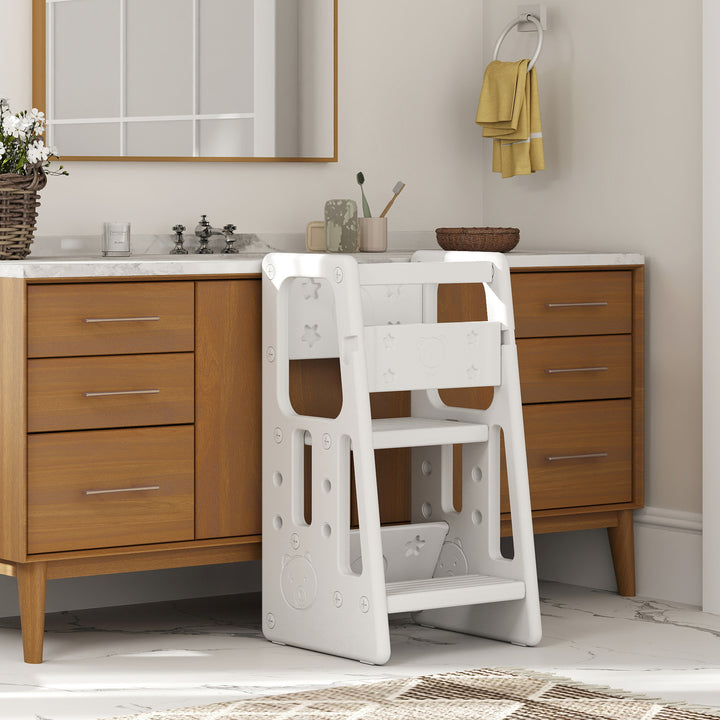 Qaba Toddler Kitchen Helper 2 Step Stool with Adjustable Height Platform and Safety Rail, White