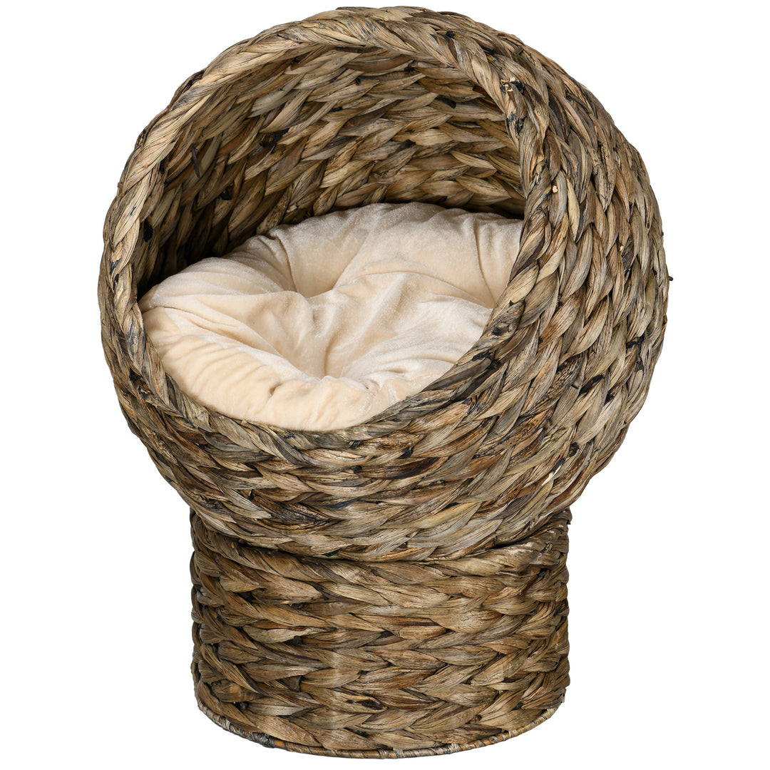 PawHut Wicker Cat Bed with Cushion, Stand, for Indoor Cats, Dark Brown