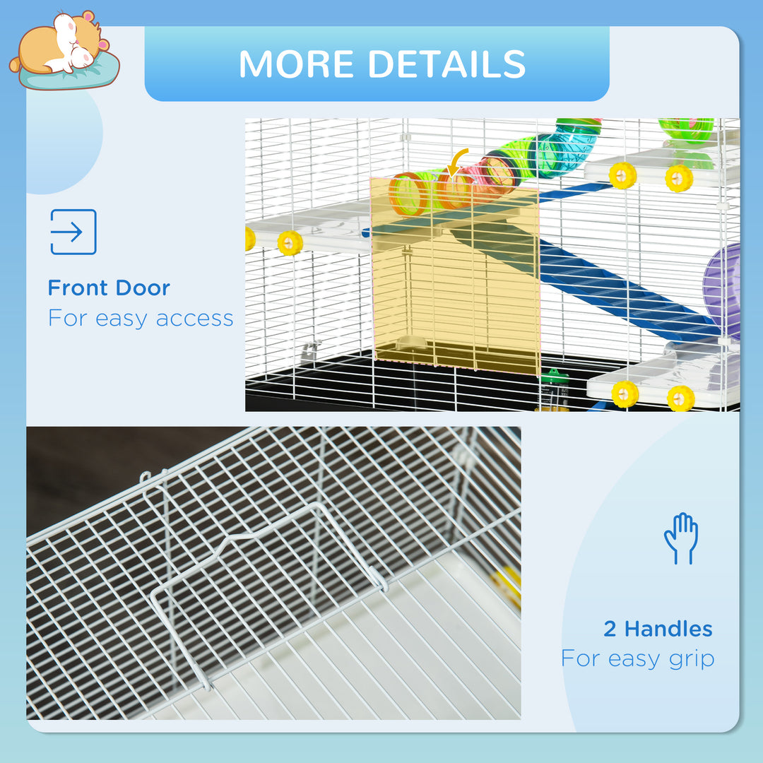 PawHut 31" Large Hamster Cage, Small Animal House, Multi-storey Gerbil Haven, Tunnel Tube System, with Water Bottle, Exercise Wheel, Food Dish, Ramps, White