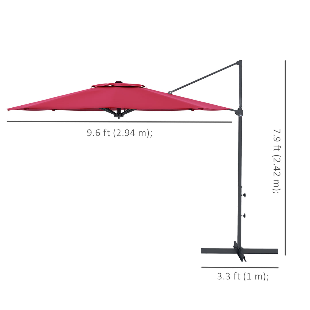 Outsunny 10 FT Cantilever Umbrella, Aluminum Hanging Offset Umbrella with 360°Rotation, Crank, Tilt, Cross Base, Red