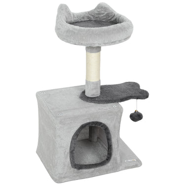 PawHut 28" Cat Tree Tower with Plush Top Bed, Cozy Condo, Sisal Scratching Post, Perch, Dangling Ball, Light Grey