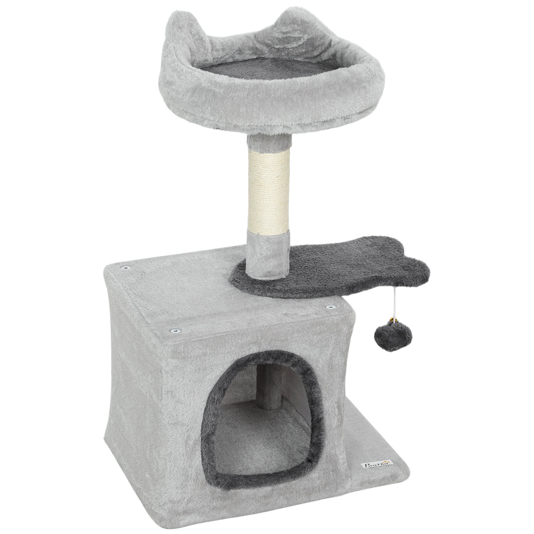 PawHut 28" Cat Tree Tower with Plush Top Bed, Cozy Condo, Sisal Scratching Post, Perch, Dangling Ball, Light Grey