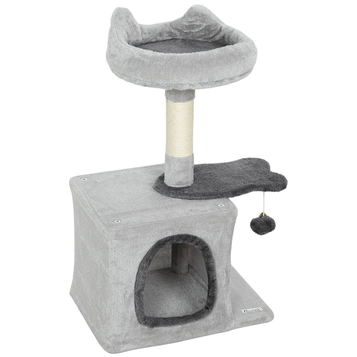 PawHut 28" Cat Tree Tower with Plush Top Bed, Cozy Condo, Sisal Scratching Post, Perch, Dangling Ball, Light Grey