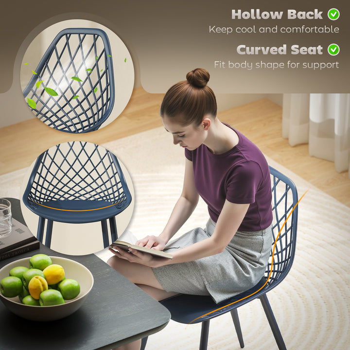 HOMCOM Modern Dining Chairs Set of 4, Plastic Kitchen Chairs with Hollow Backrest and Metal Legs for Living Dining Room, White