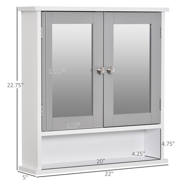 kleankin Medicine Cabinet, Wall-Mounted Bathroom Mirror Cabinet with Double Doors, Open Shelf, and Adjustable Shelf, Modern Bathroom Wall Cabinet, White and Grey