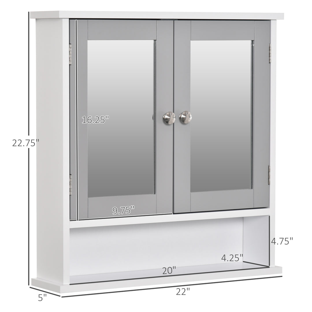 kleankin Medicine Cabinet, Wall-Mounted Bathroom Mirror Cabinet with Double Doors, Open Shelf, and Adjustable Shelf, Modern Bathroom Wall Cabinet, White and Grey
