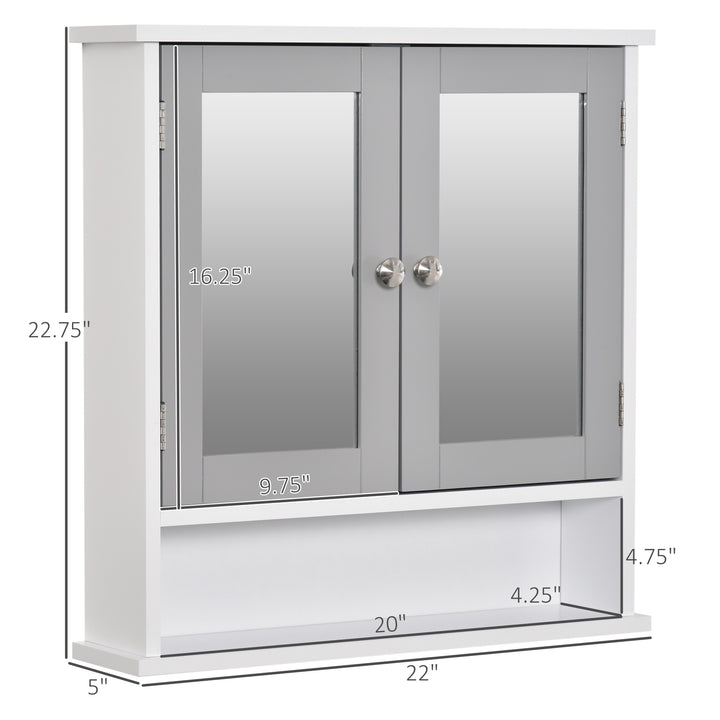 kleankin Medicine Cabinet, Wall-Mounted Bathroom Mirror Cabinet with Double Doors, Open Shelf, and Adjustable Shelf, Modern Bathroom Wall Cabinet, White and Grey
