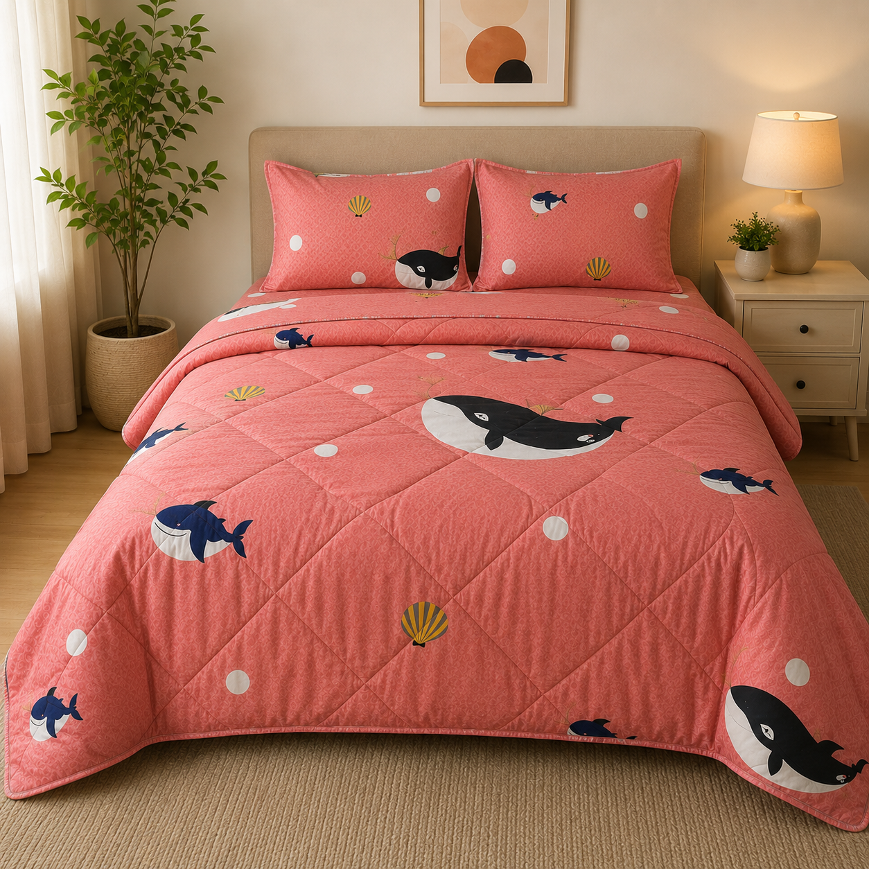 Aarniva Breathable Polyester Whale Wishes Comforter Set | Double/Twin | 250 GSM | Ultra-Soft & Cozy | Coral Pink | 5-Piece Set