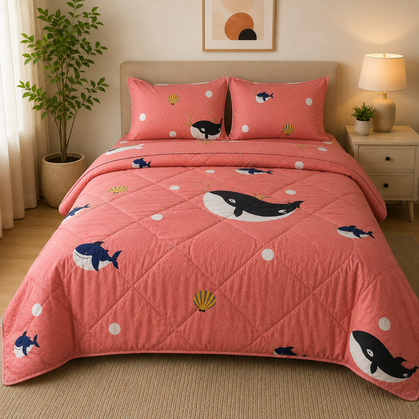 Aarniva Breathable Polyester Whale Wishes Comforter Set | Double/Twin | 250 GSM | Ultra-Soft & Cozy | Coral Pink | 5-Piece Set