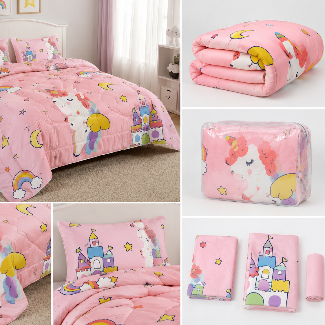 Aarniva Breathable Polyester Pink Unicorn & Rainbow Comforter Set | Double/Twin | 250 GSM | Ultra-Soft & Cozy | Pink Skies | 5-Piece Set