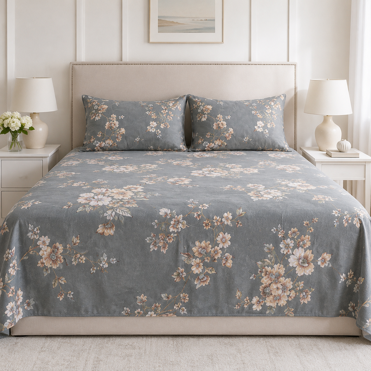 Aarniva Polyester Bedsheet Set | King/Queen | Soft & Breathable | Grey White Floral Design | 4-Piece Set