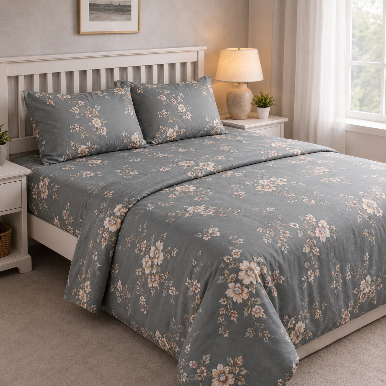Aarniva Polyester Bedsheet Set | King/Queen | Soft & Breathable | Grey White Floral Design | 4-Piece Set