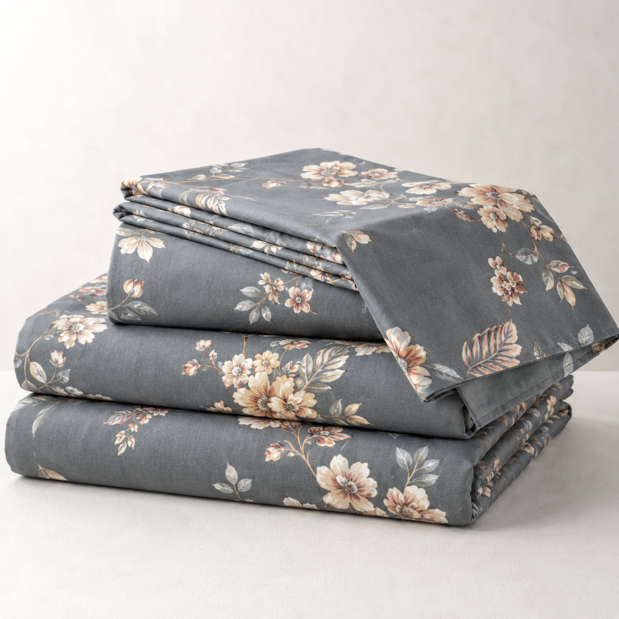 Aarniva Polyester Bedsheet Set | King/Queen | Soft & Breathable | Grey White Floral Design | 4-Piece Set
