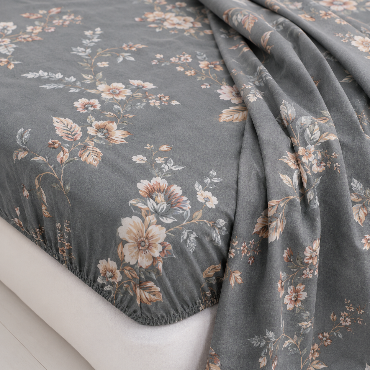 Aarniva Polyester Bedsheet Set | King/Queen | Soft & Breathable | Grey White Floral Design | 4-Piece Set