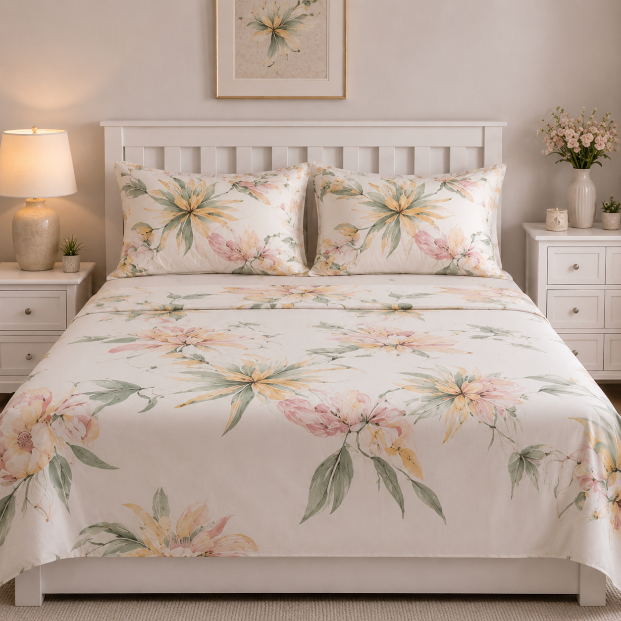Aarniva Polyester Bedsheet Set | King/Queen | Soft & Breathable | Flower Leaves Design | 4-Piece Set