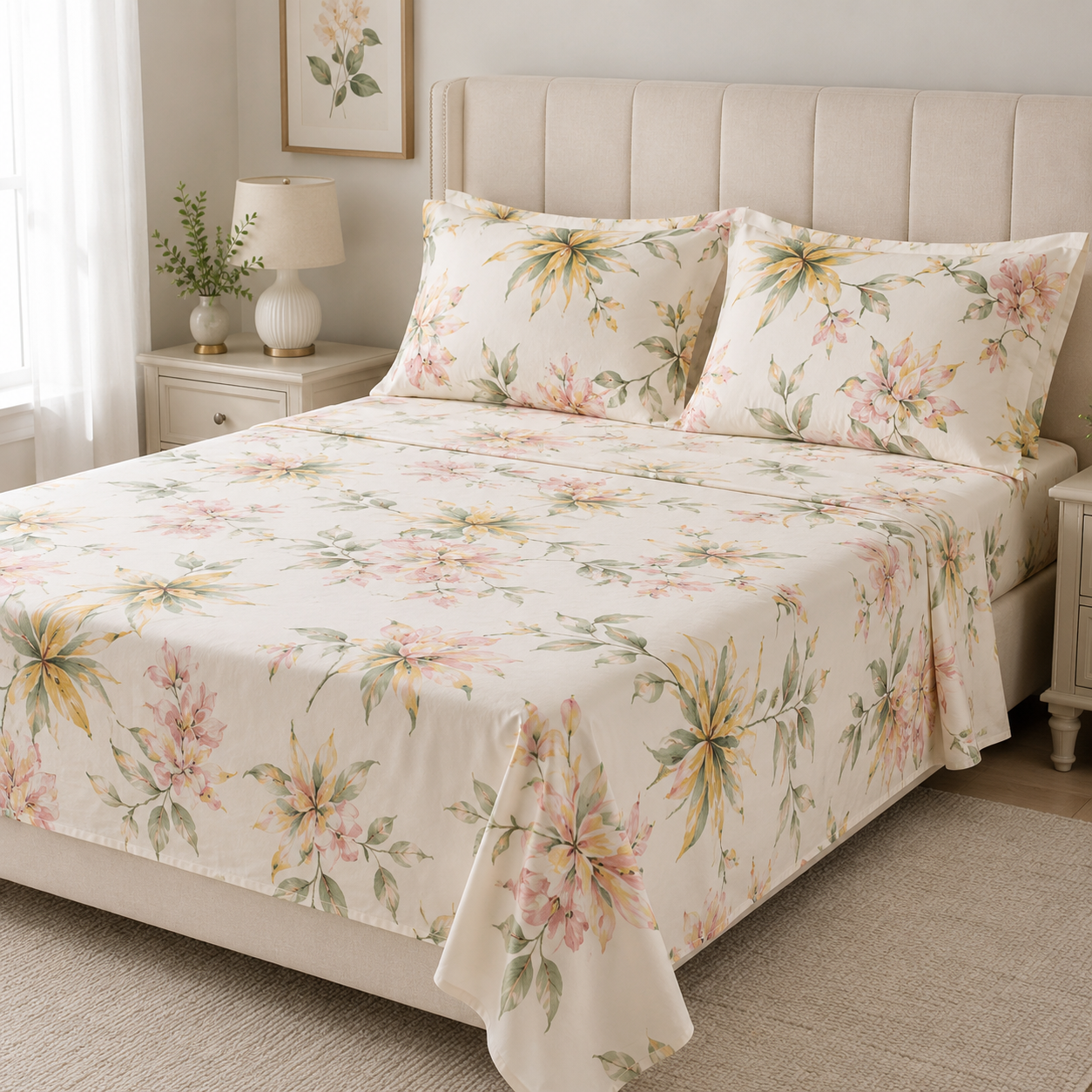 Aarniva Polyester Bedsheet Set | King/Queen | Soft & Breathable | Flower Leaves Design | 4-Piece Set