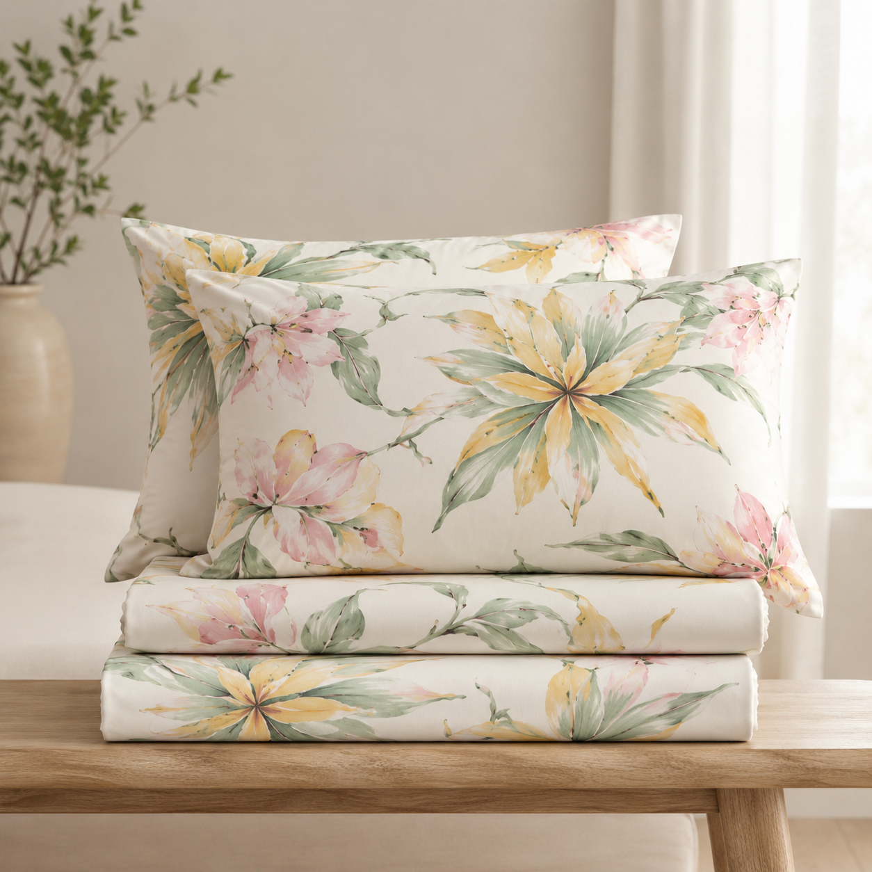 Aarniva Polyester Bedsheet Set | King/Queen | Soft & Breathable | Flower Leaves Design | 4-Piece Set