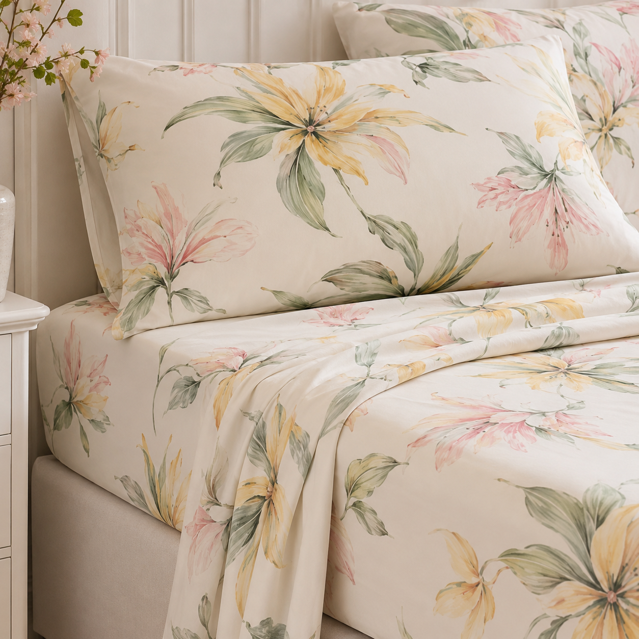 Aarniva Polyester Bedsheet Set | King/Queen | Soft & Breathable | Flower Leaves Design | 4-Piece Set