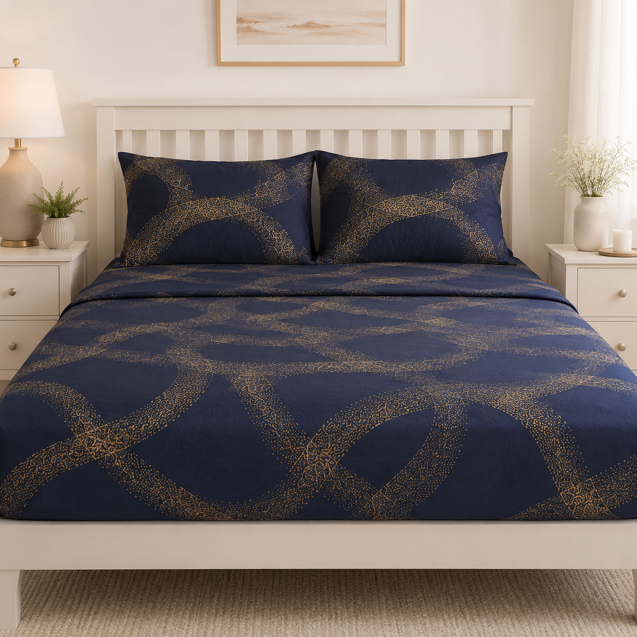 Aarniva Polyester Bedsheet Set | King/Queen | Soft & Breathable | Blue Yellow Design | 4-Piece Set
