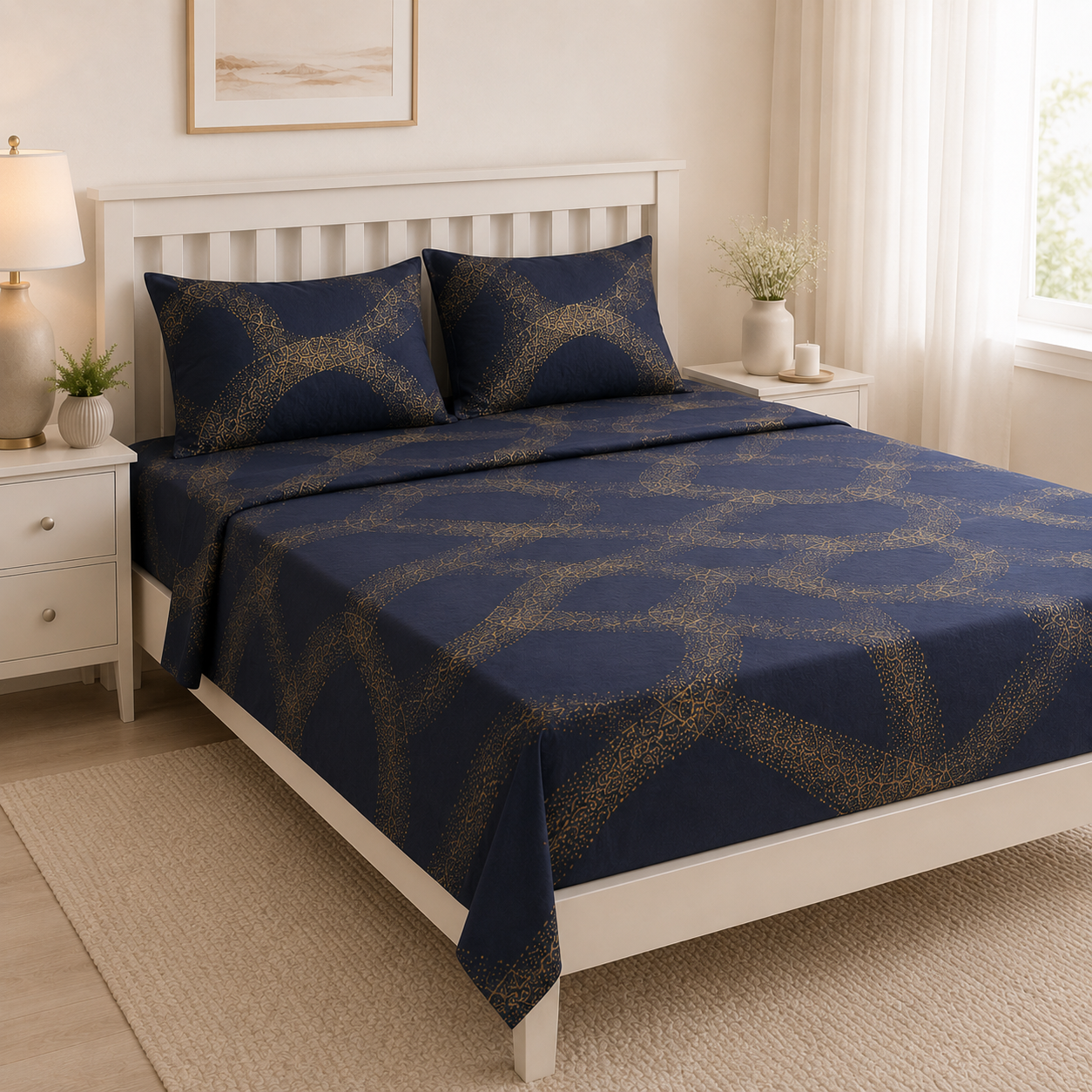 Aarniva Polyester Bedsheet Set | King/Queen | Soft & Breathable | Blue Yellow Design | 4-Piece Set