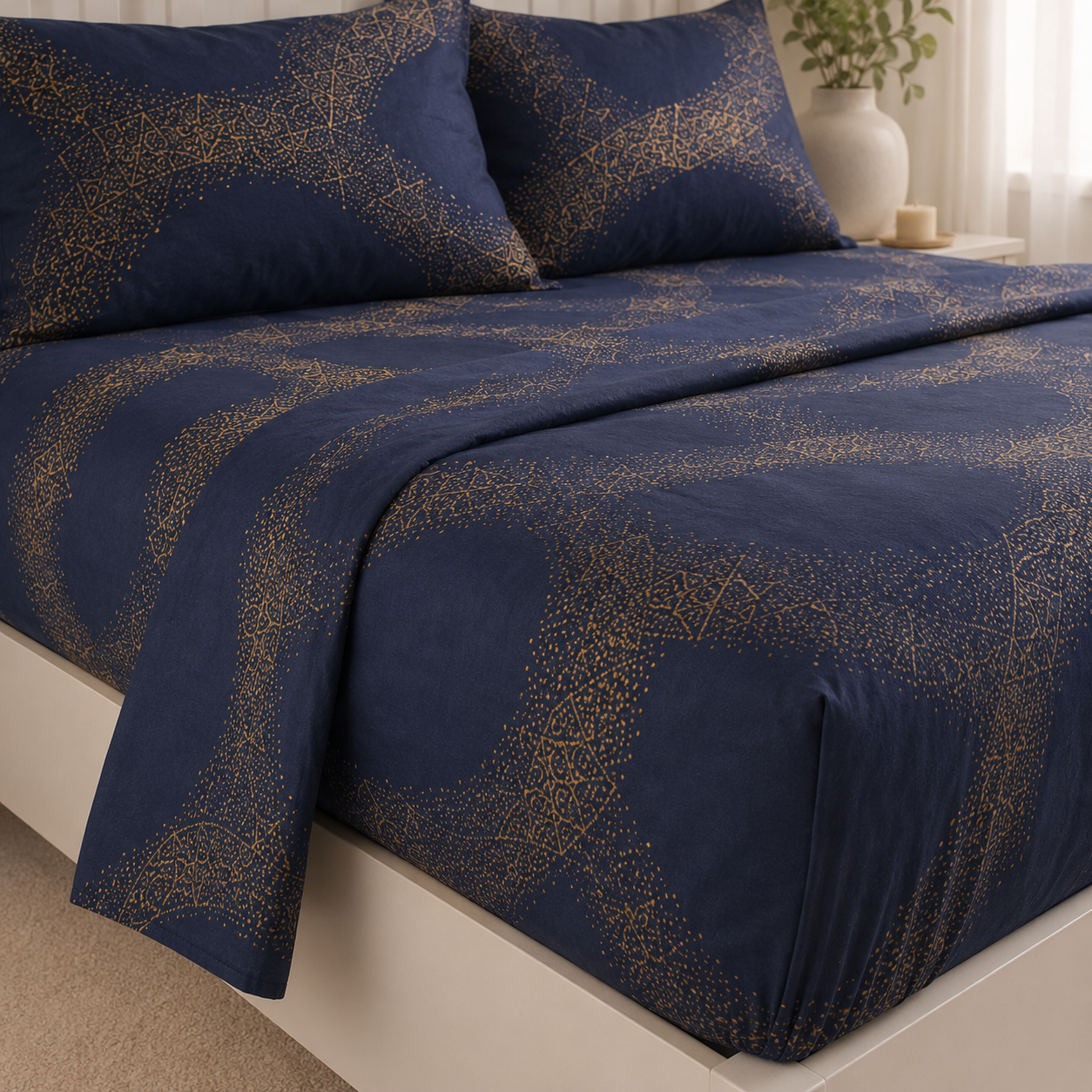 Aarniva Polyester Bedsheet Set | King/Queen | Soft & Breathable | Blue Yellow Design | 4-Piece Set