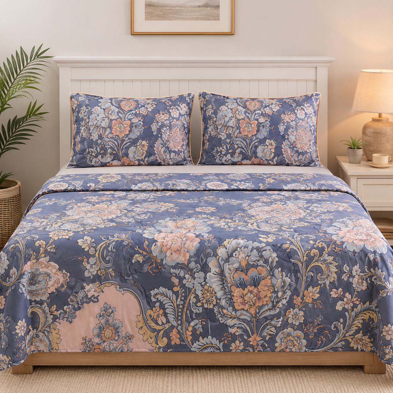 Aarniva Polyester Bedsheet Set | King/Queen | Soft & Breathable | Blue Flower Design | 4-Piece Set
