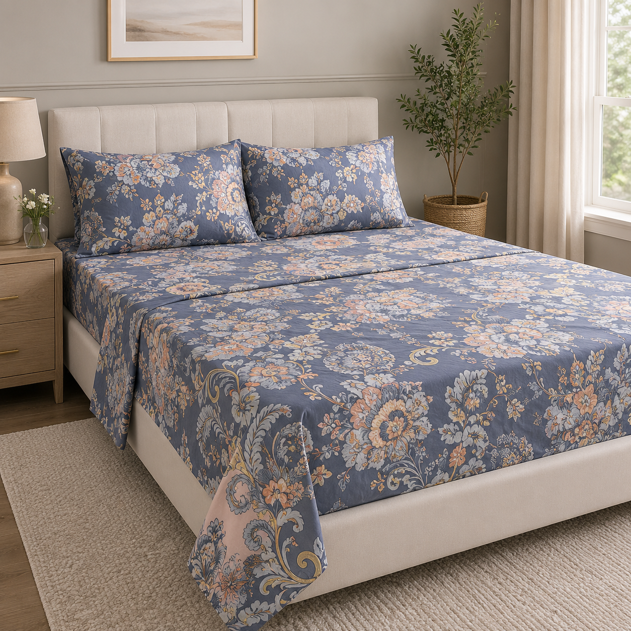 Aarniva Polyester Bedsheet Set | King/Queen | Soft & Breathable | Blue Flower Design | 4-Piece Set