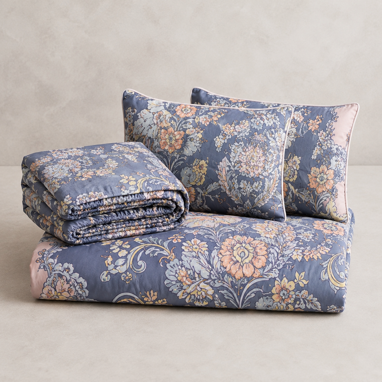 Aarniva Polyester Bedsheet Set | King/Queen | Soft & Breathable | Blue Flower Design | 4-Piece Set