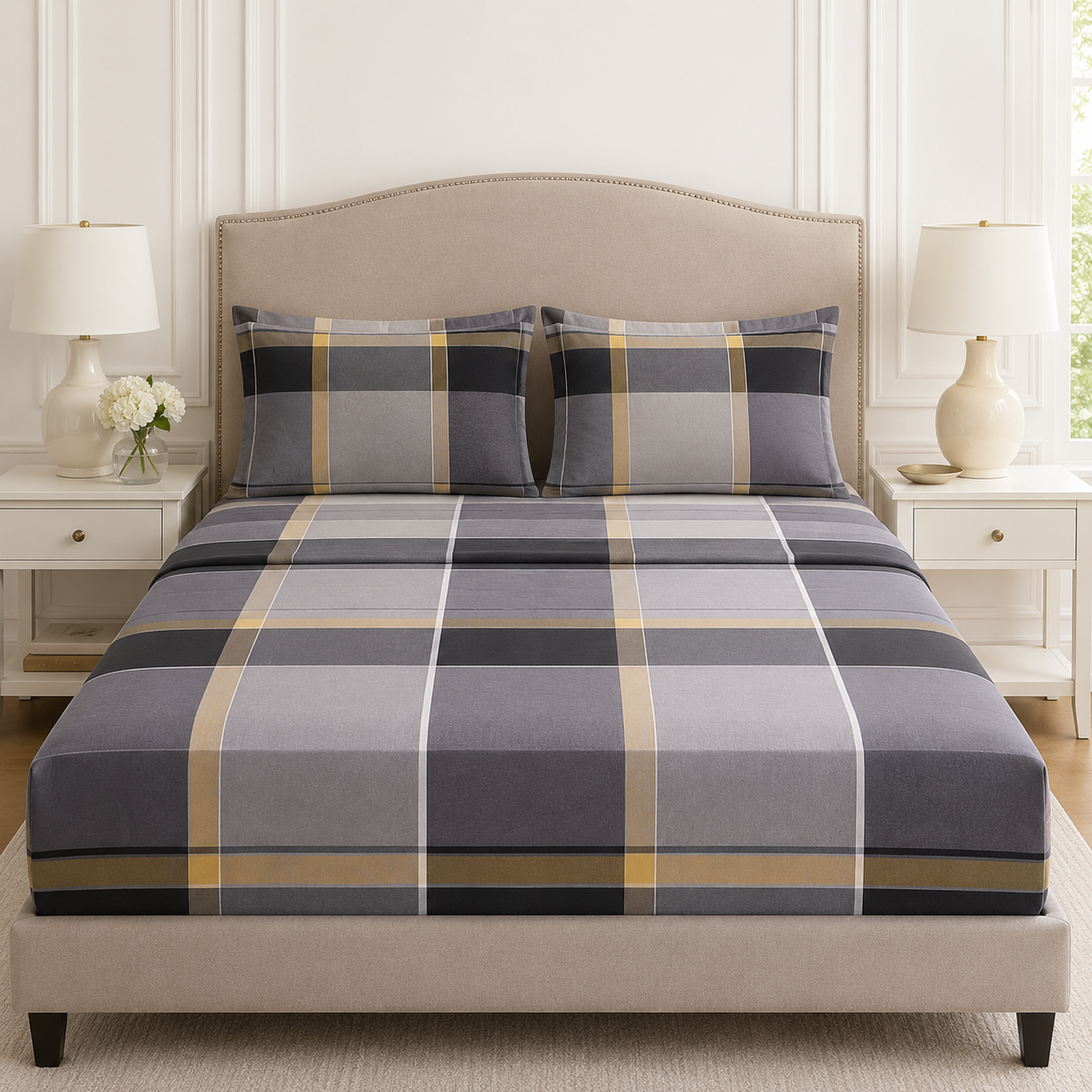 Aarniva Polyester Bedsheet Set | King/Queen | Soft & Breathable | Blue Light Brown design | 4-Piece Set
