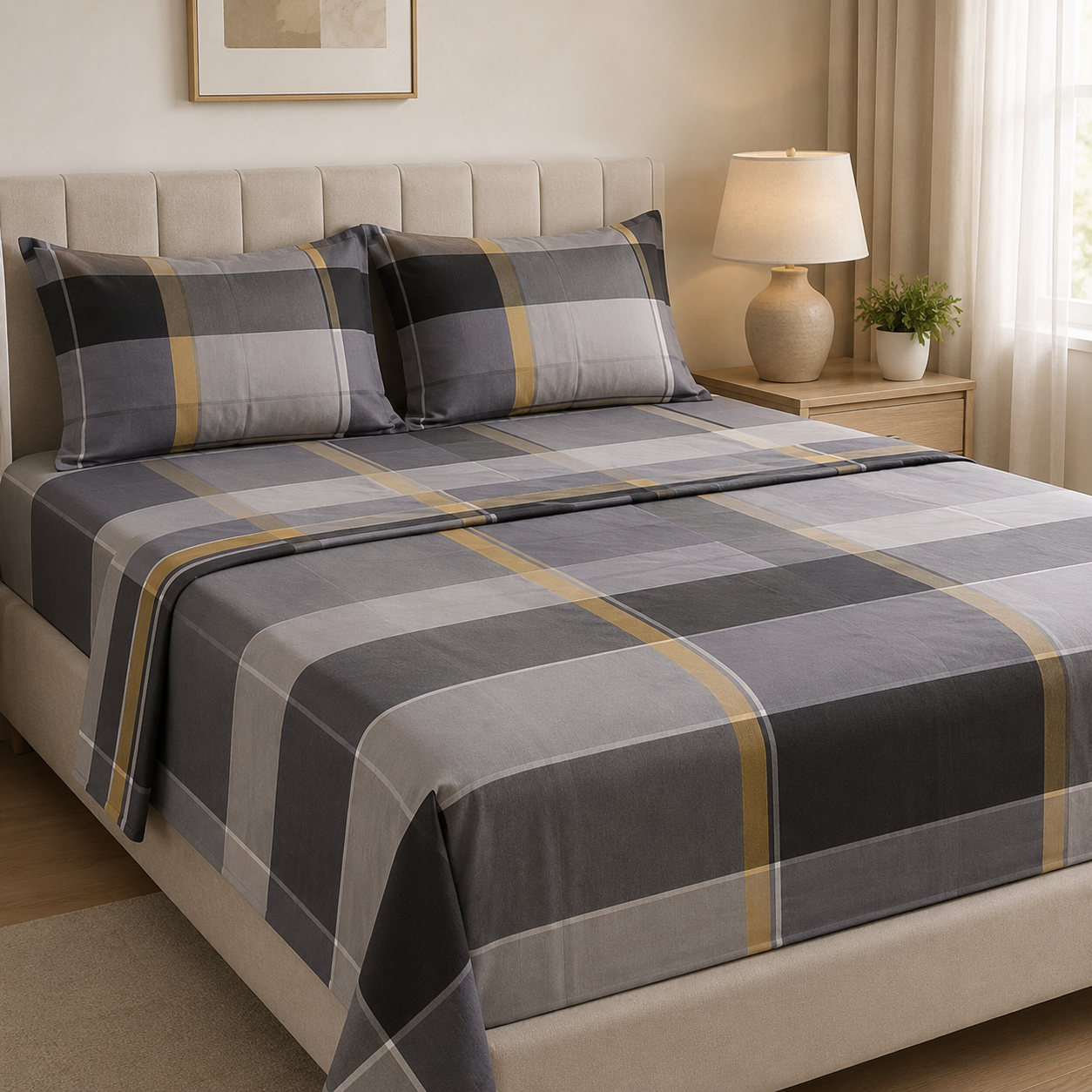 Aarniva Polyester Bedsheet Set | King/Queen | Soft & Breathable | Blue Light Brown design | 4-Piece Set