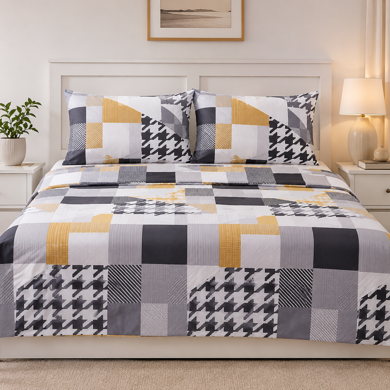 Aarniva Polyester Bedsheet Set | King/Queen | Soft & Breathable | Black Grey Design | 4-Piece Set