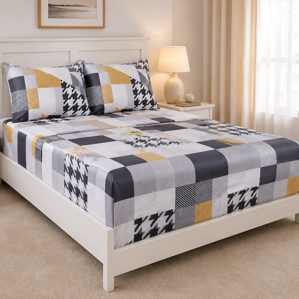 Aarniva Polyester Bedsheet Set | King/Queen | Soft & Breathable | Black Grey Design | 4-Piece Set