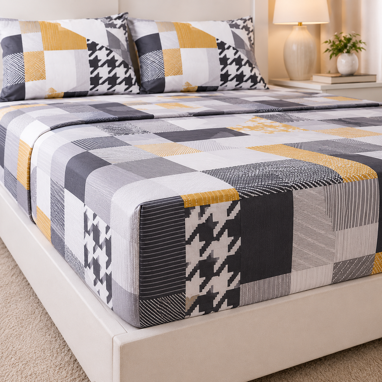 Aarniva Polyester Bedsheet Set | King/Queen | Soft & Breathable | Black Grey Design | 4-Piece Set