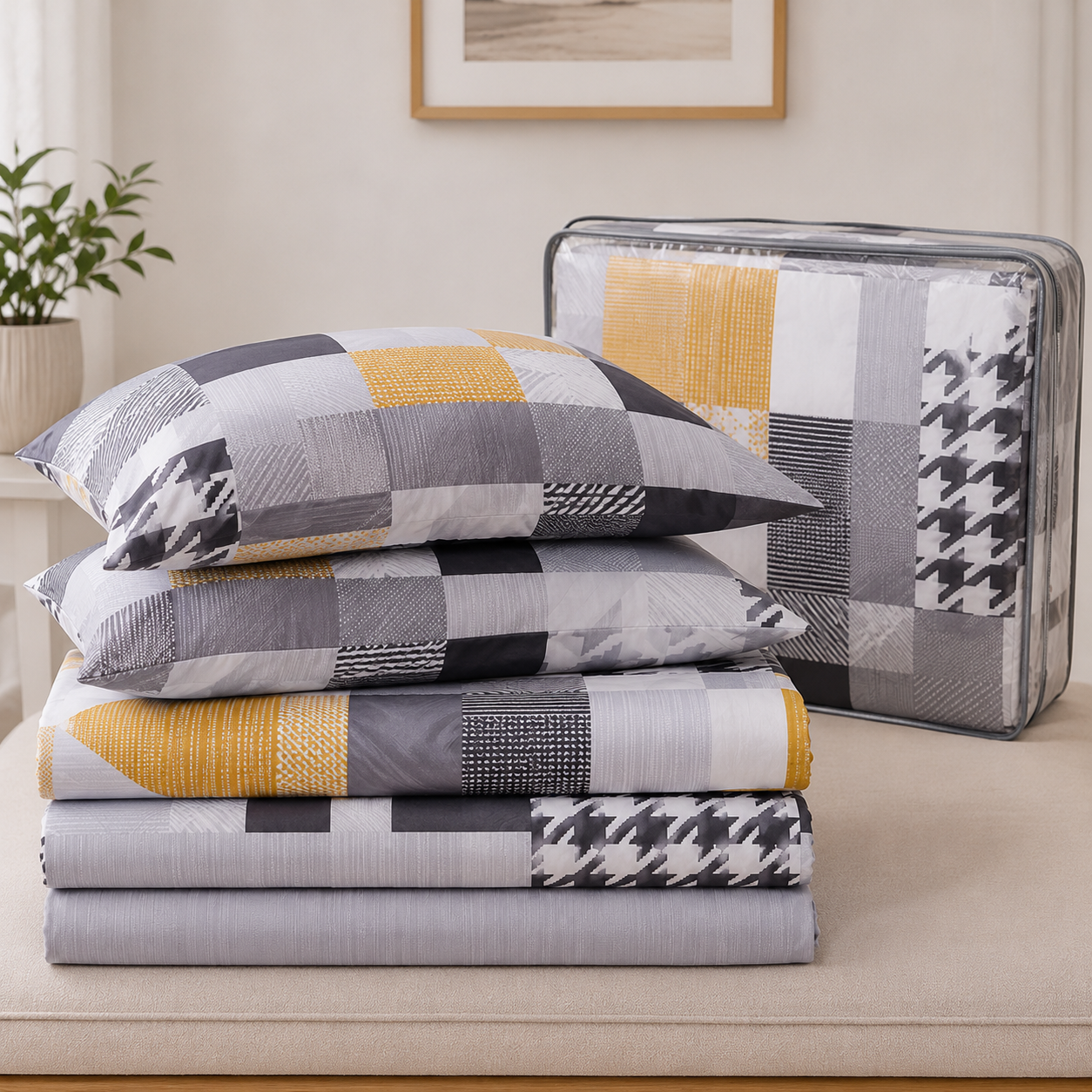 Aarniva Polyester Bedsheet Set | King/Queen | Soft & Breathable | Black Grey Design | 4-Piece Set