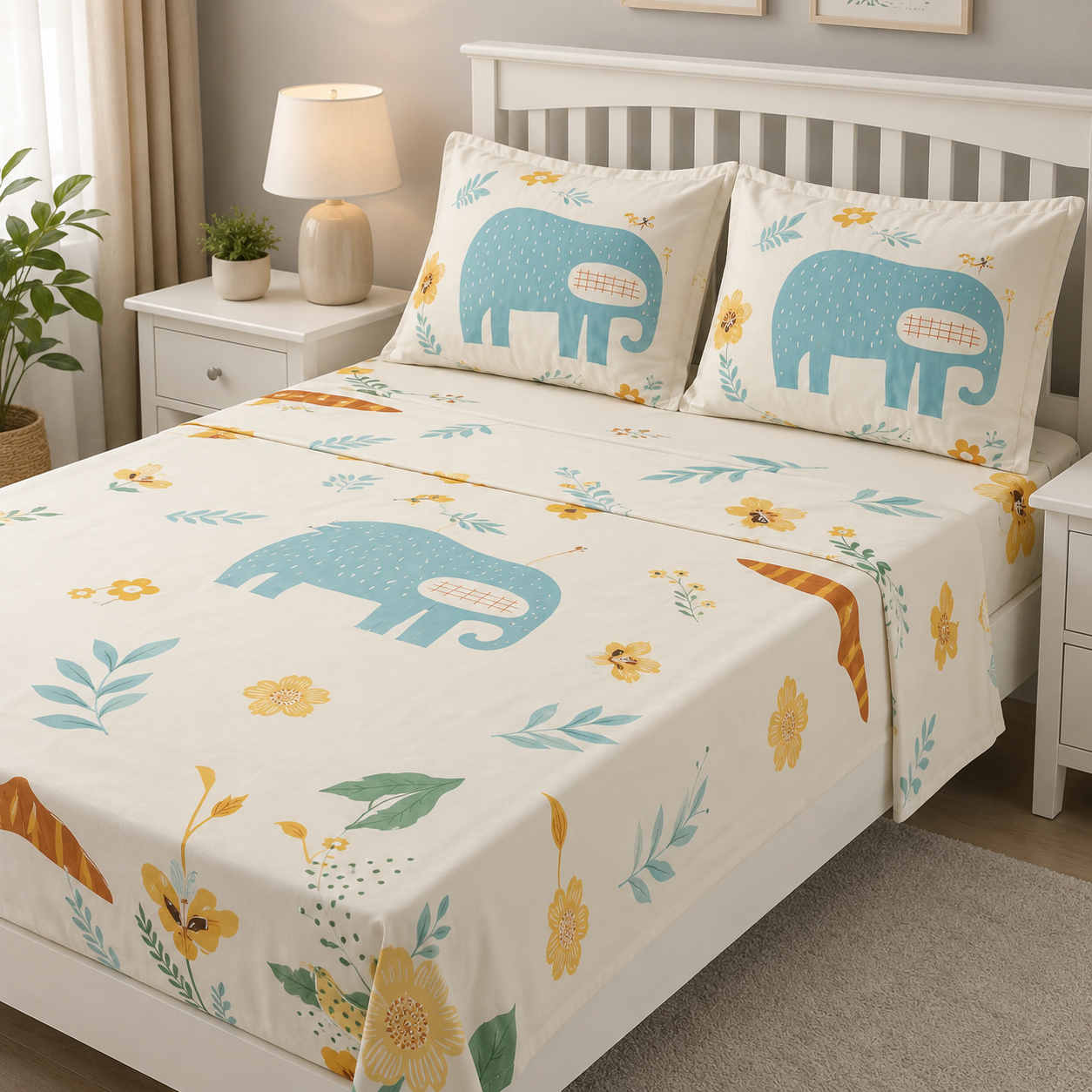 Aarniva Polyester Bedsheet Set | King/Queen | Soft & Breathable | White Animal Print | 4-Piece Set