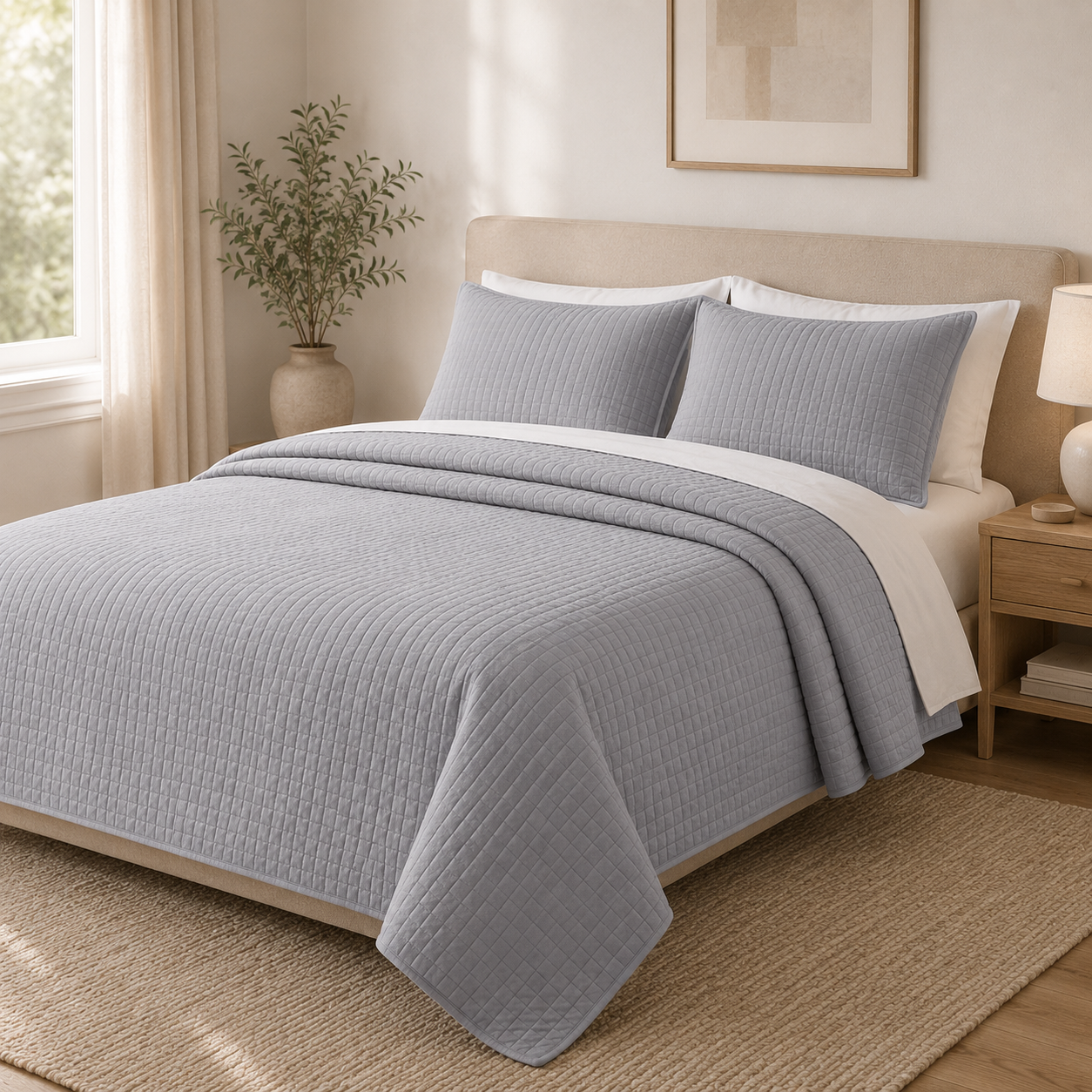 Aarniva Quilted Bedding Set | King/Queen | Soft & Lightweight | Cool Grey | 4-Piece Set