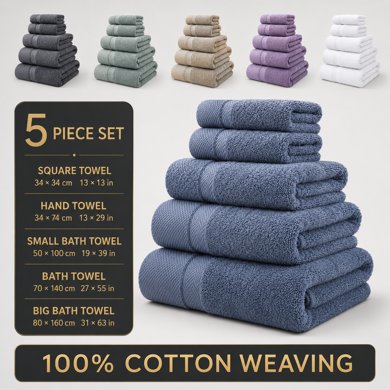 Aarniva 100% Cotton Bath Towel Set | 400–600 GSM | Ultra-Soft & Absorbent | Multi-Size | 5-Piece Set