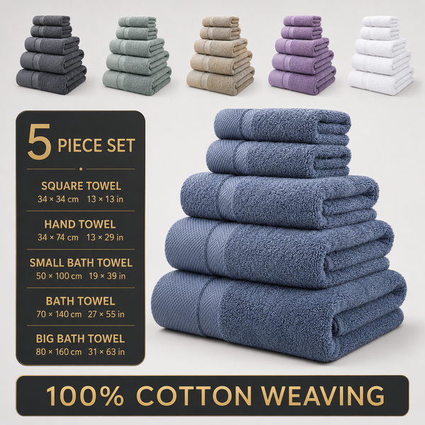 Aarniva 100% Cotton Bath Towel Set | 400–600 GSM | Ultra-Soft & Absorbent | Multi-Size | 5-Piece Set