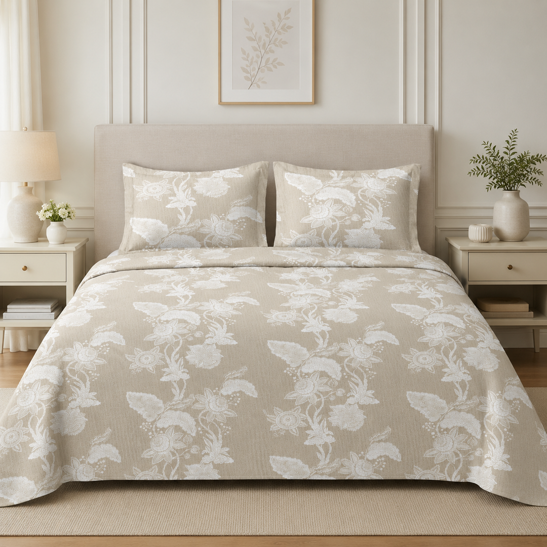 Aarniva 100% Cotton Bedsheet Set | King/Queen | Soft & Breathable | Taupe Floral | 4-Piece Set
