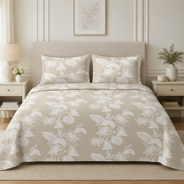 Aarniva 100% Cotton Bedsheet Set | King/Queen | Soft & Breathable | Taupe Floral | 4-Piece Set